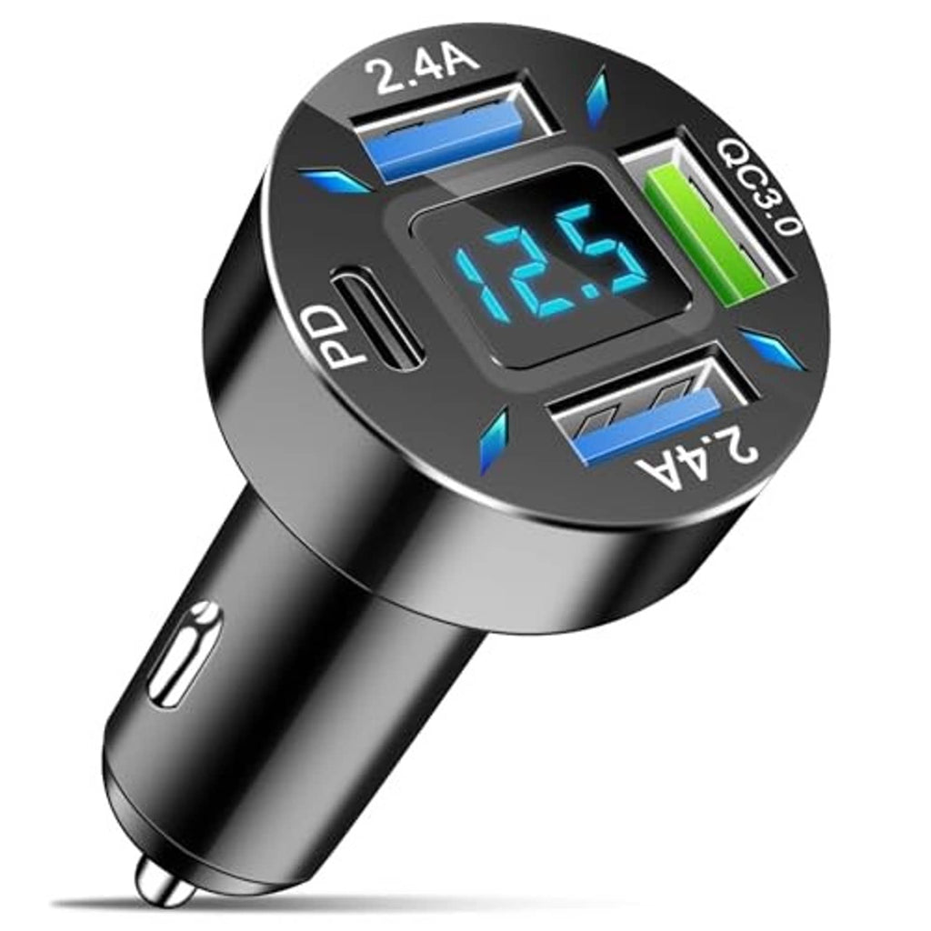 Black car charger with LED display, blue indicators, 3 USB-A and USB-C ports