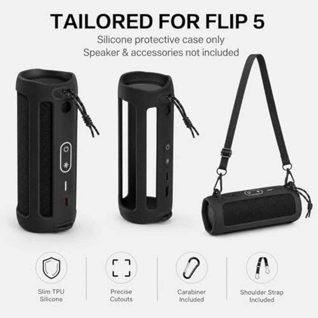 Black TPU silicone speaker case with lanyard and adjustable shoulder strap