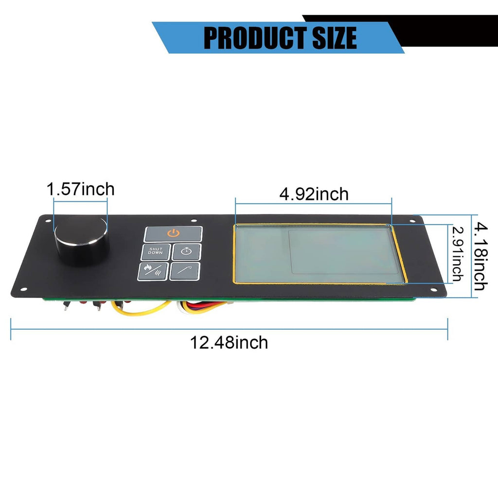 Pellet grill control board top view with control knob, button buttons, and yellow-framed LCD