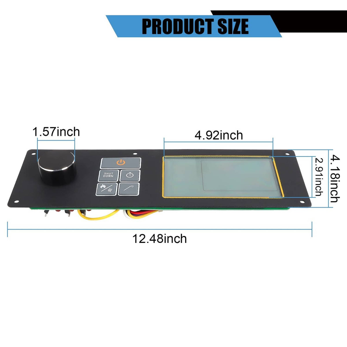 Pellet grill control board top view with control knob, button buttons, and yellow-framed LCD