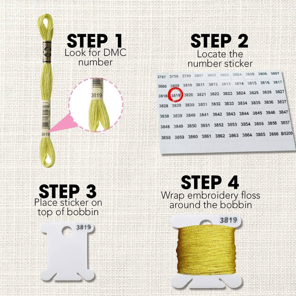 Cross-stitch floss storage set with thread bobbins, labels, and clip holders