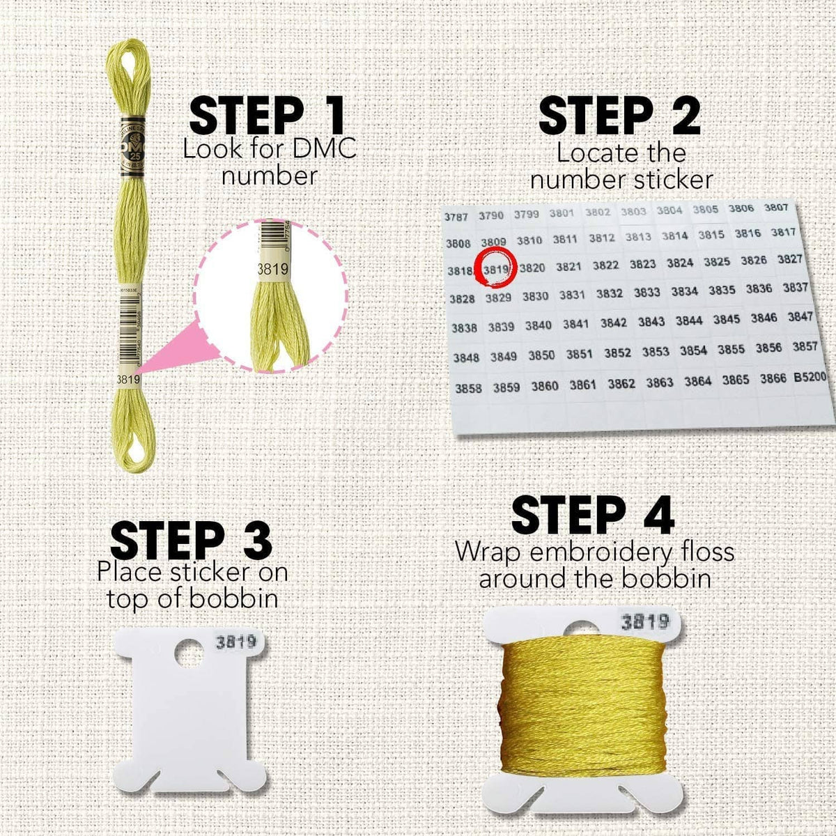 Cross-stitch floss storage set with thread bobbins, labels, and clip holders