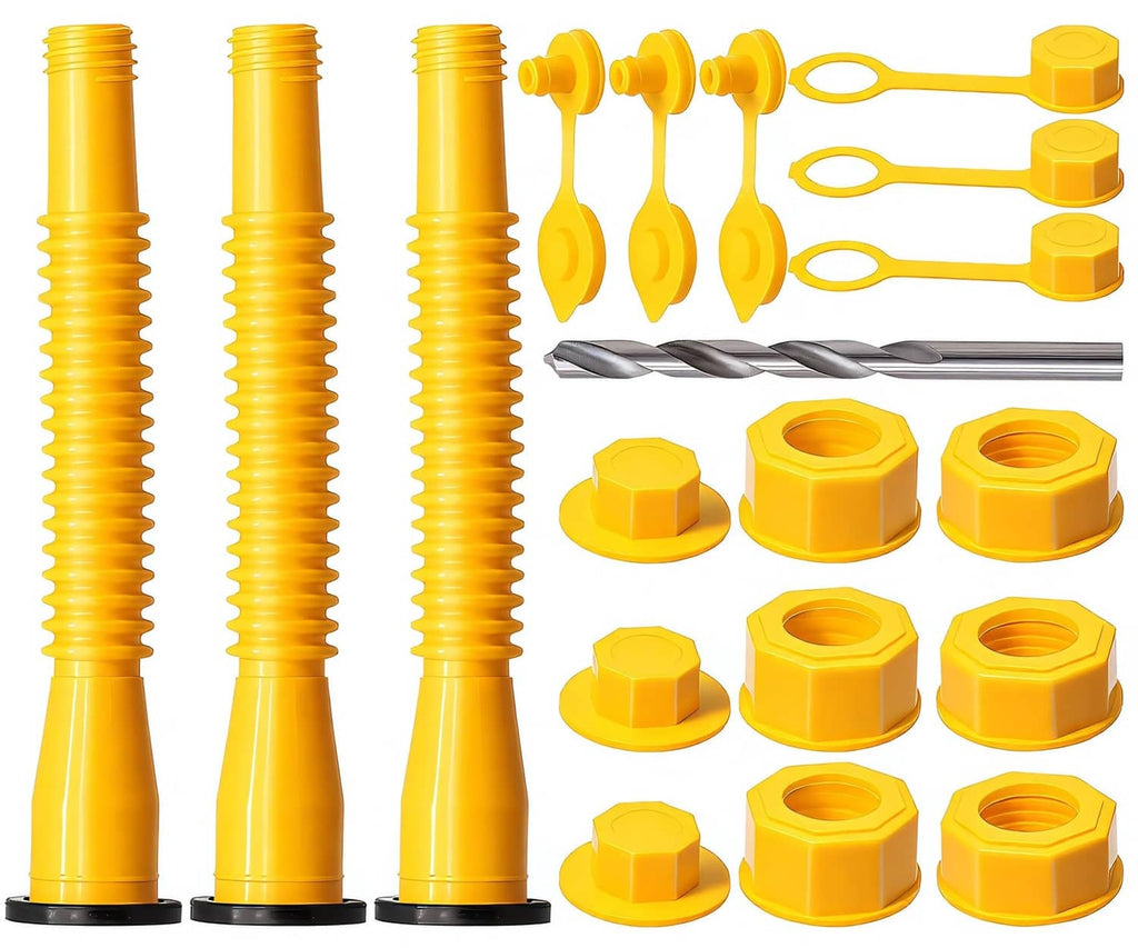 Yellow gas can spout replacement kit with ribbed spouts, vent caps, and sealing accessories