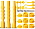 Yellow gas can spout replacement kit with ribbed spouts, vent caps, and sealing accessories