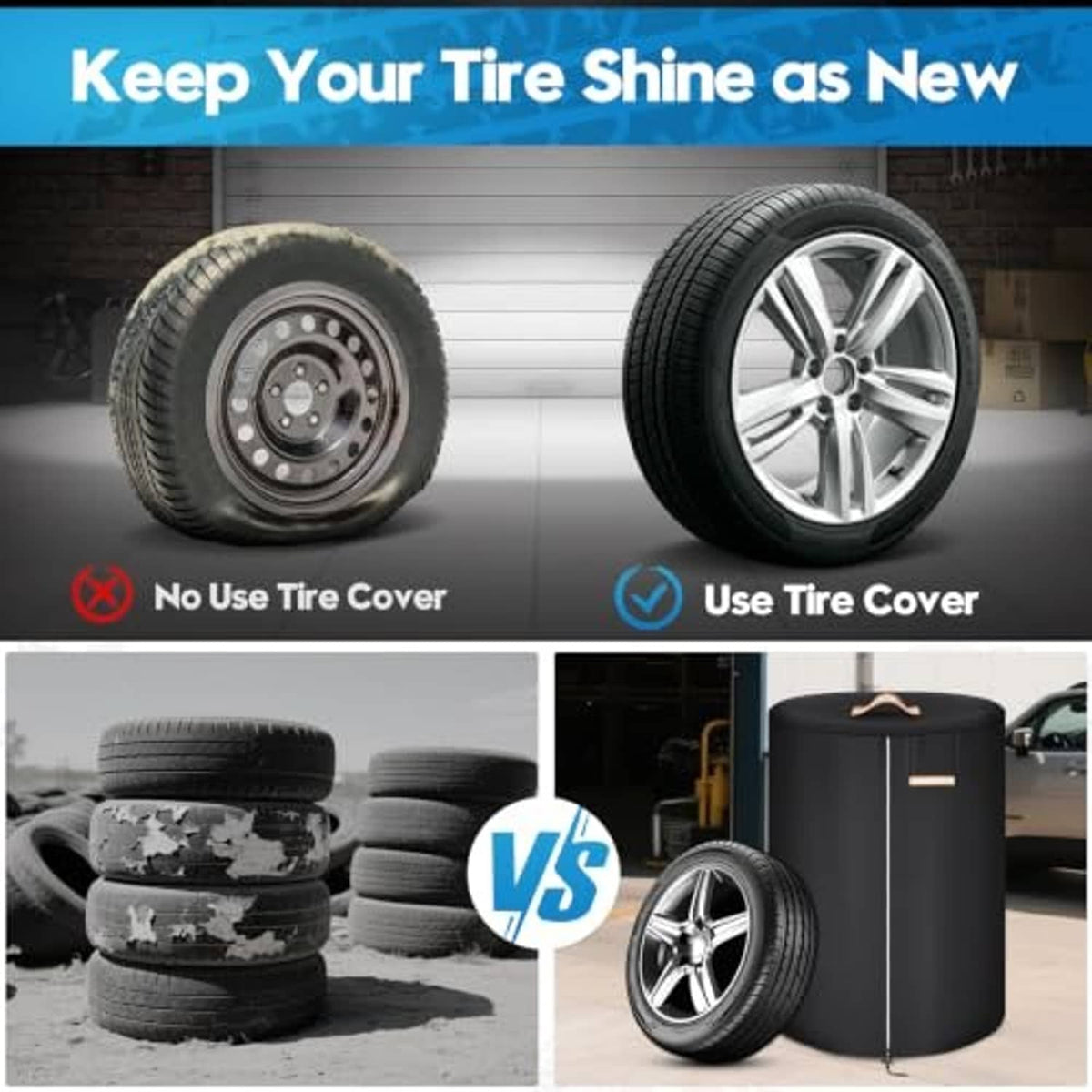 Black tire cover with handle and zipper, shown protecting two wheels