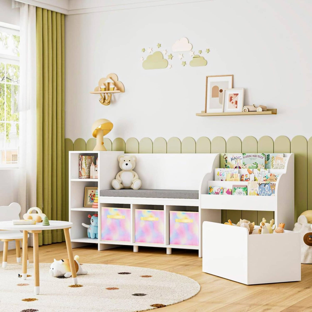 Kids storage bookcase with foldable pastel tie-dye fabric cube bins