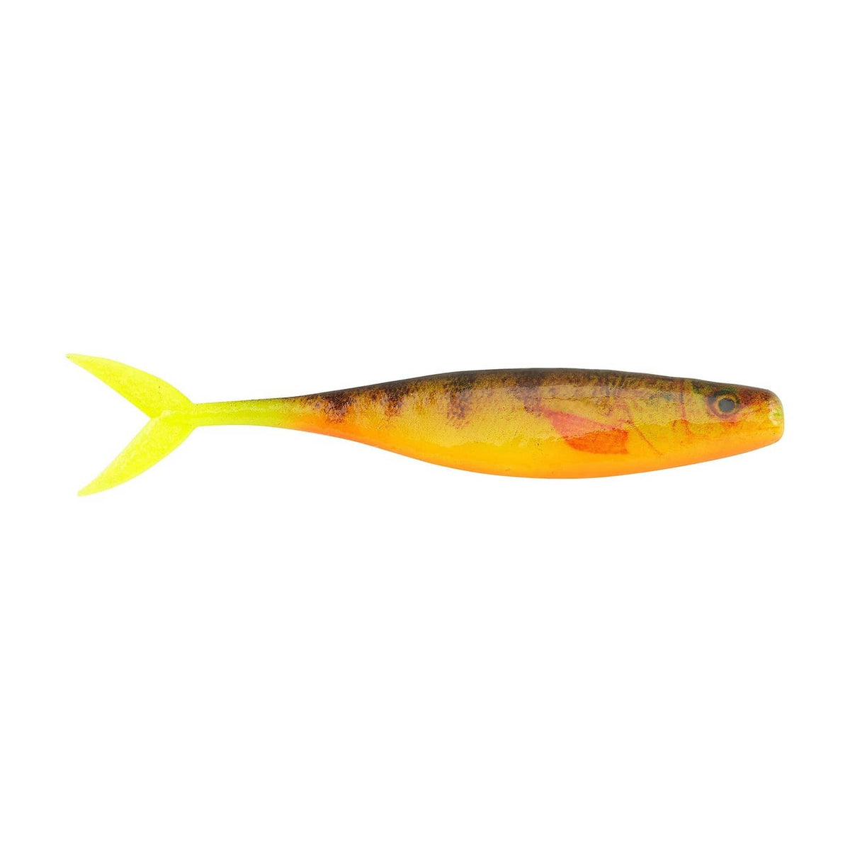 Orange and yellow minnow soft fishing lure with bright chartreuse tail fin.