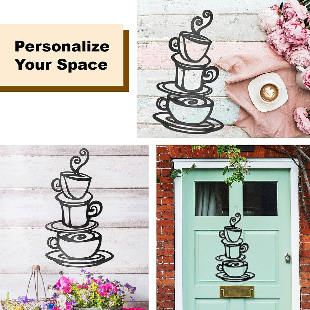 Dark metal coffee cup stack wall art on white wall in a decorative arrangement