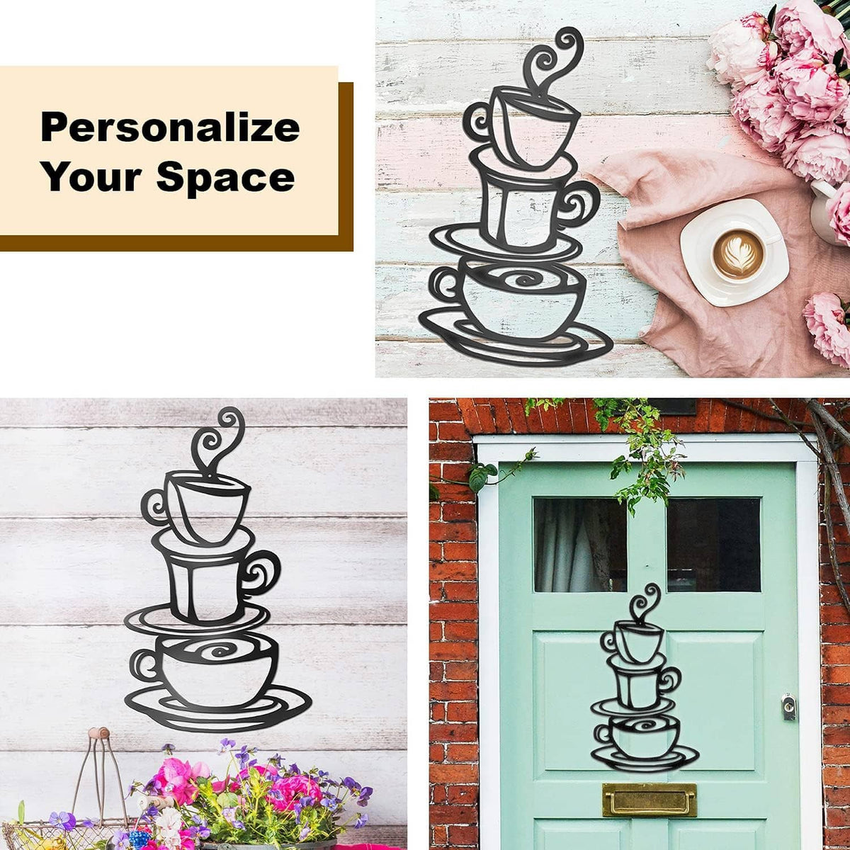 Dark metal coffee cup stack wall art on white wall in a decorative arrangement
