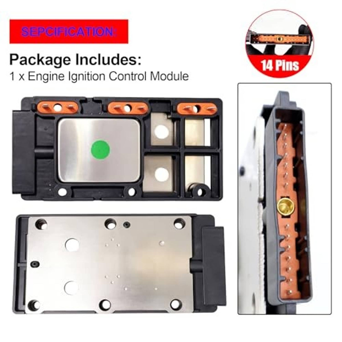 Engine ignition control module package with front and side views of black housing