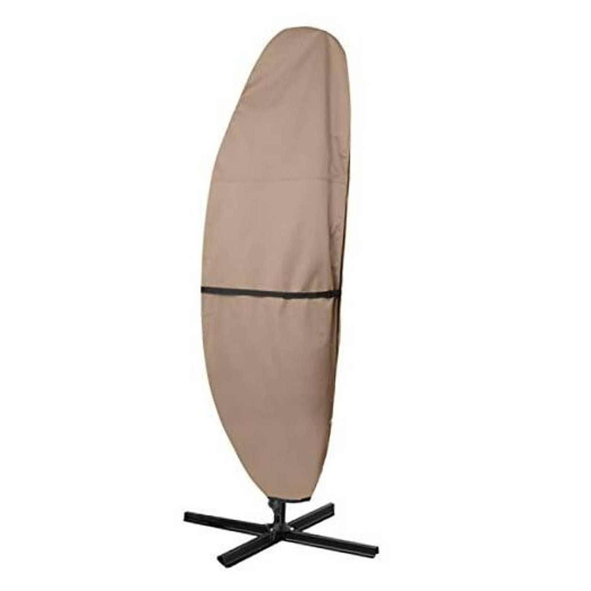 Brown offset patio umbrella cover with black elastic band and cross base stand