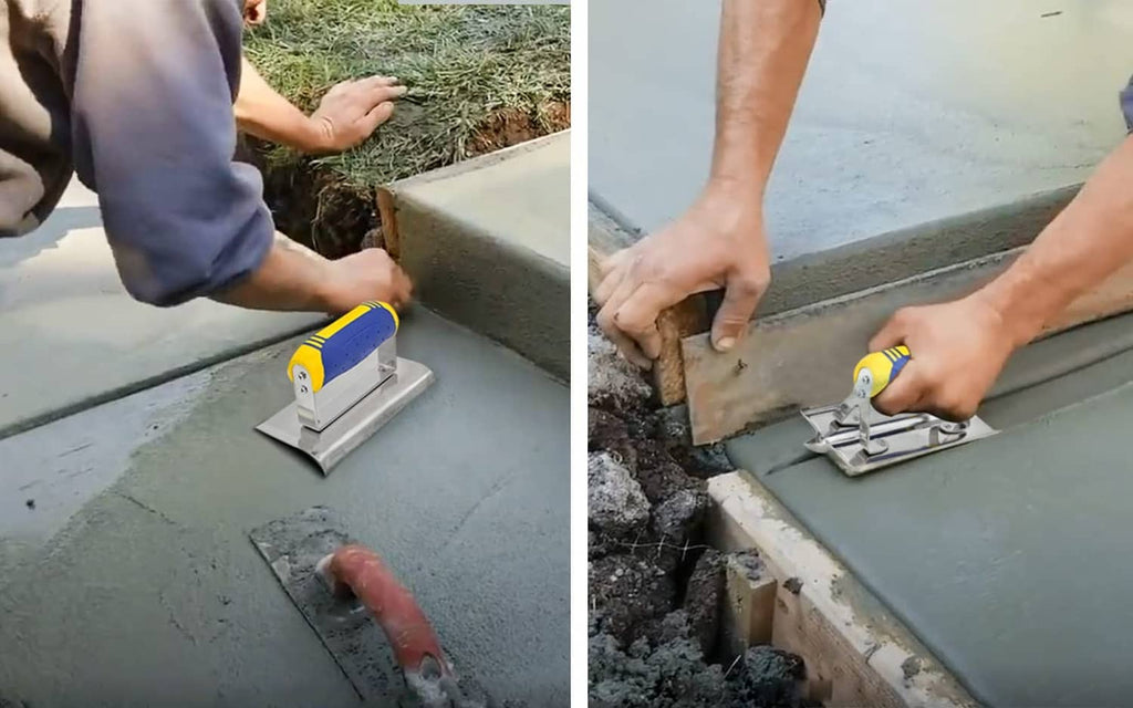 Hand edger used on concrete edge, stainless base plate with yellow-and-purple grip.