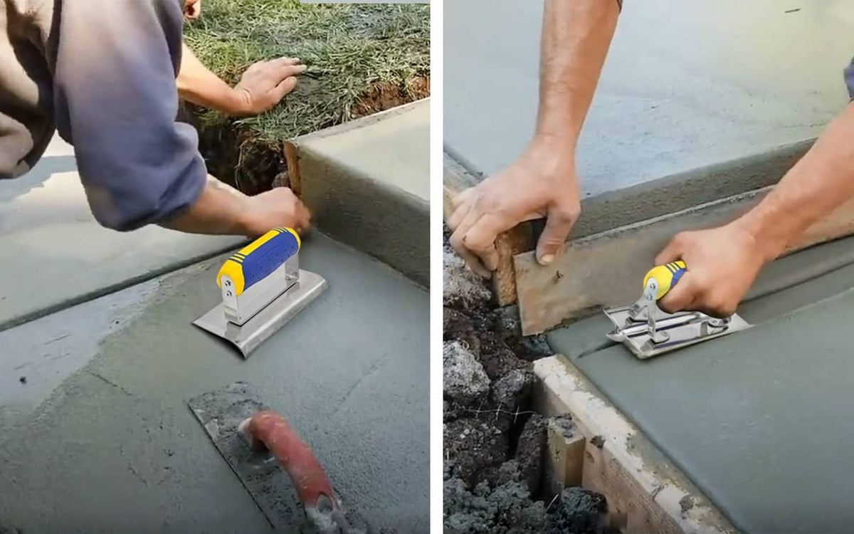 Hand edger used on concrete edge, stainless base plate with yellow-and-purple grip.