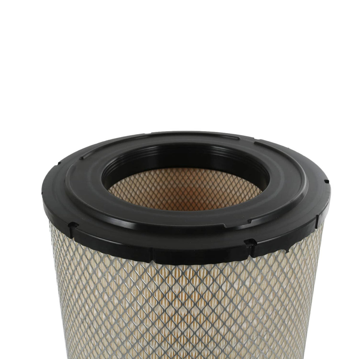 Engine air filter cylinder with black housing rim and tan pleated filter media