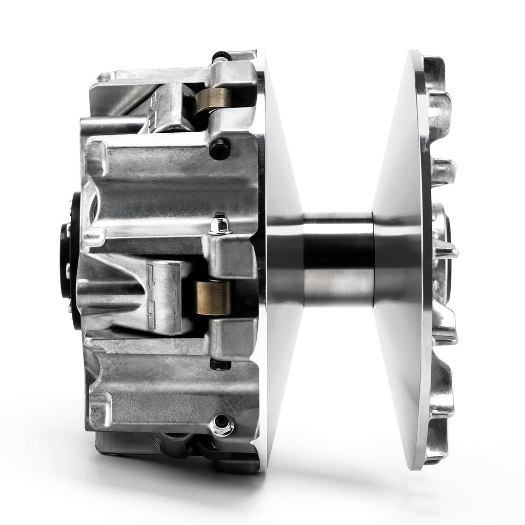 Primary drive clutch and puller, side view with shaft and silver metal housing