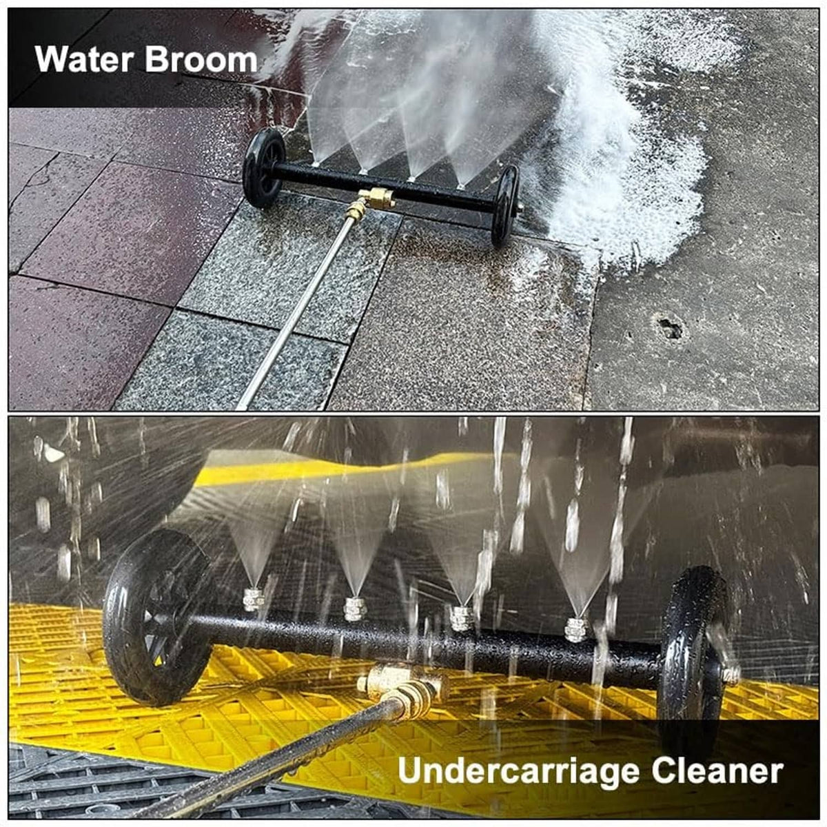 Undercarriage cleaner water broom attachment with wheel bar spraying under a platform