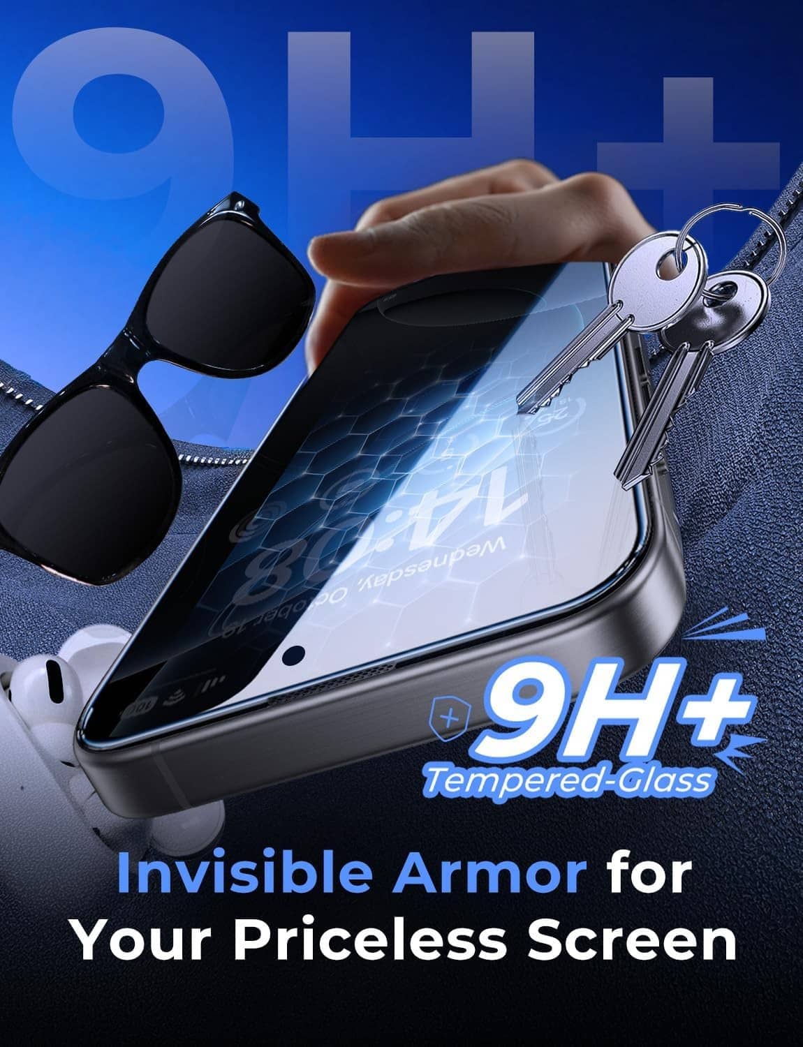 9H+ tempered privacy screen protector with metal case protection graphic