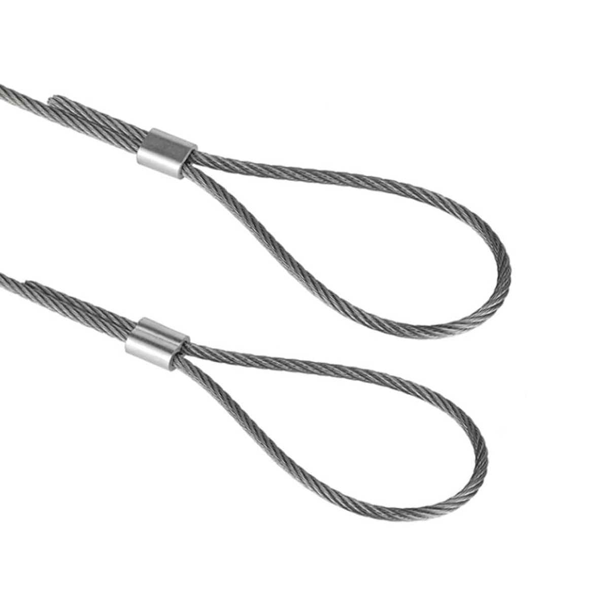Wire rope cable with silver aluminum crimp loop ferrule sleeves attached