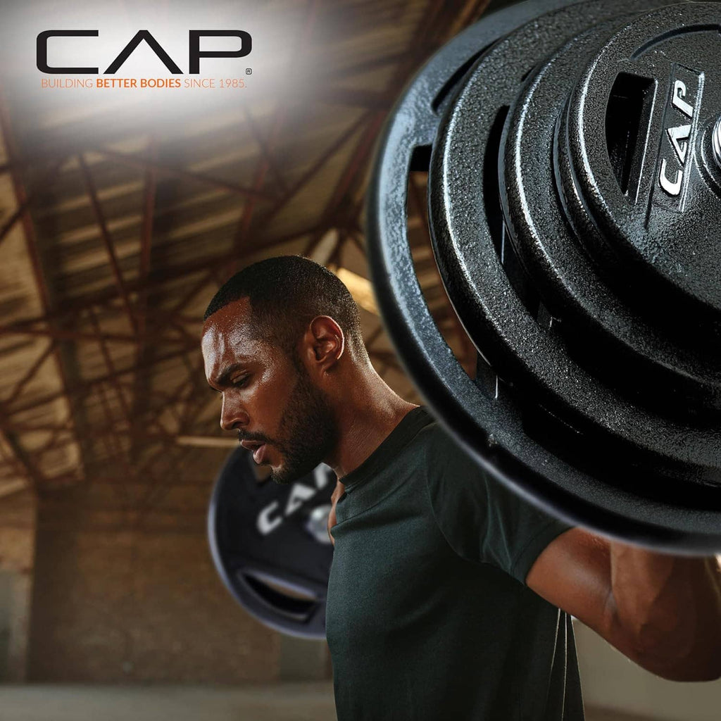 Black weight plate with CAP logo and embossed texture, shown in the foreground