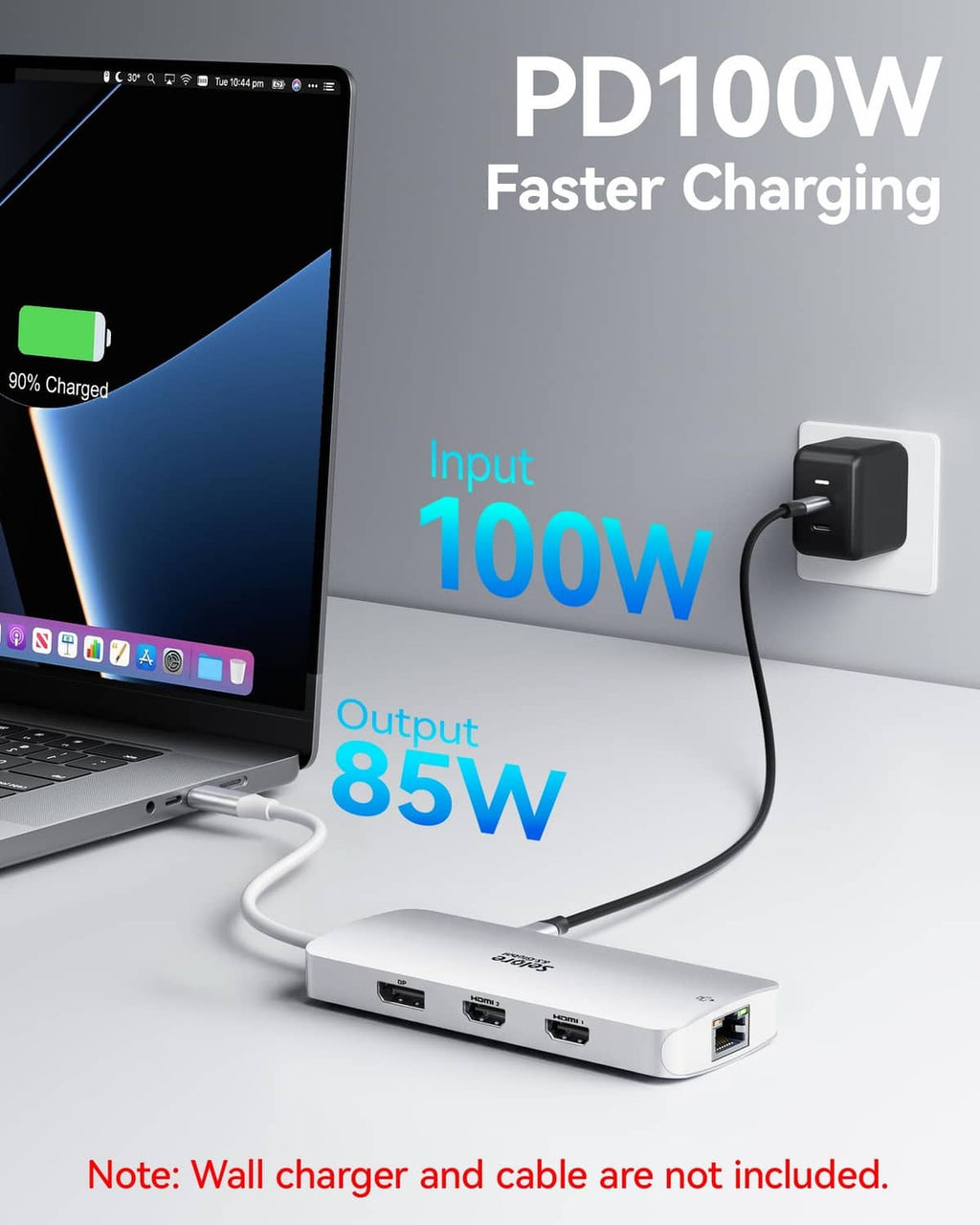 Silver USB-C docking station with PD 100W fast charging input and USB outputs