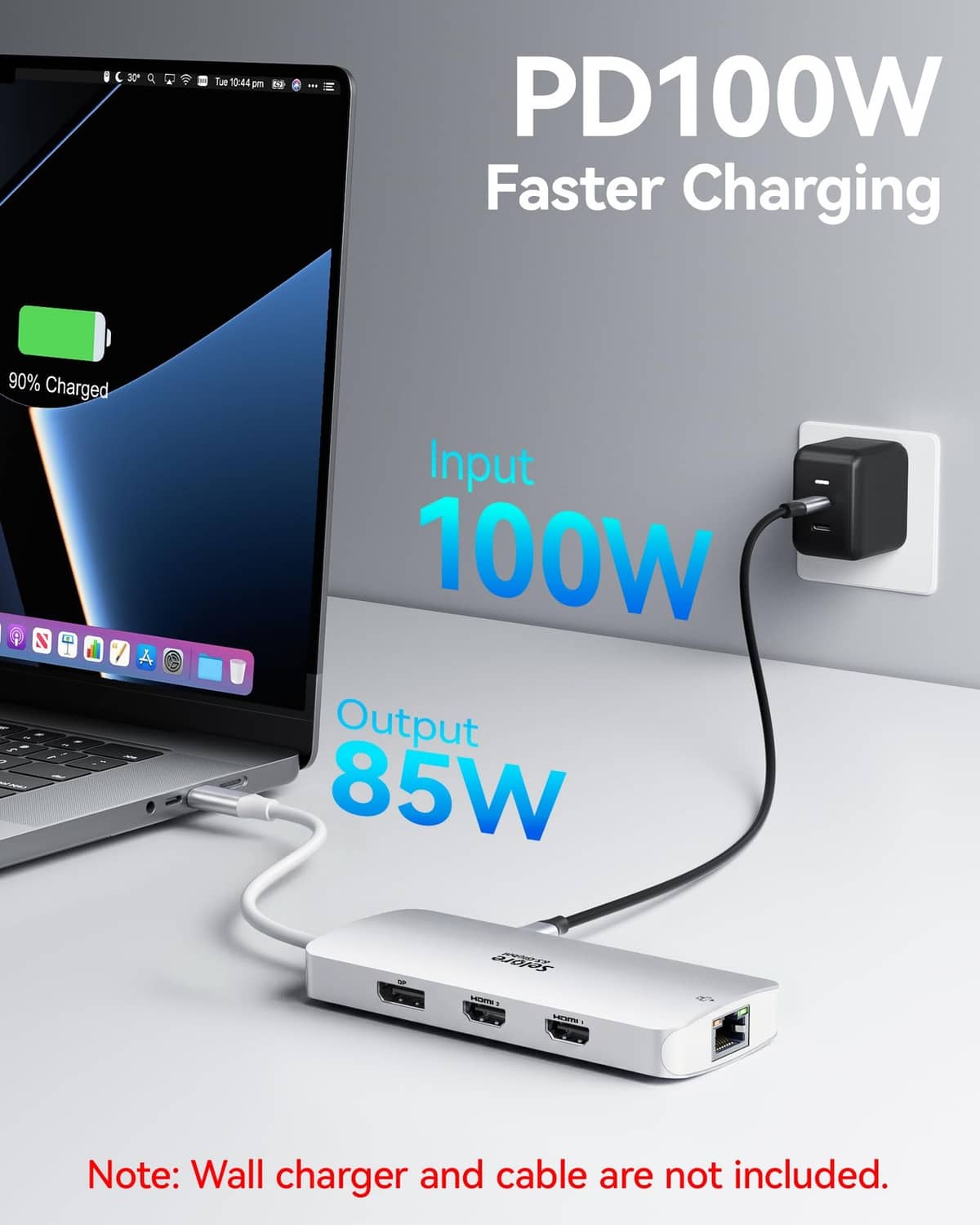 Silver USB-C docking station with PD 100W fast charging input and USB outputs