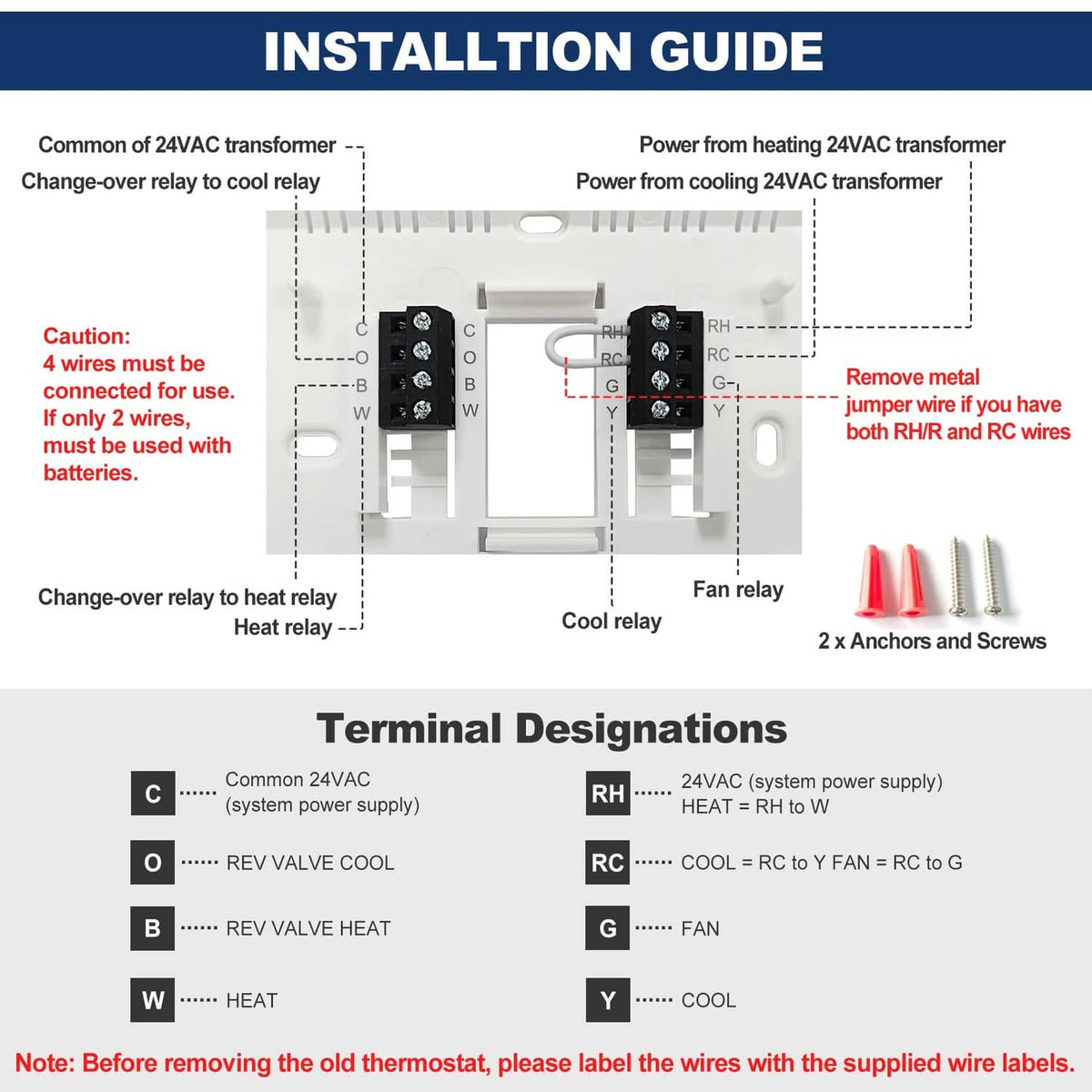 Thermostat installation guide showing wiring diagram and terminal designation labels