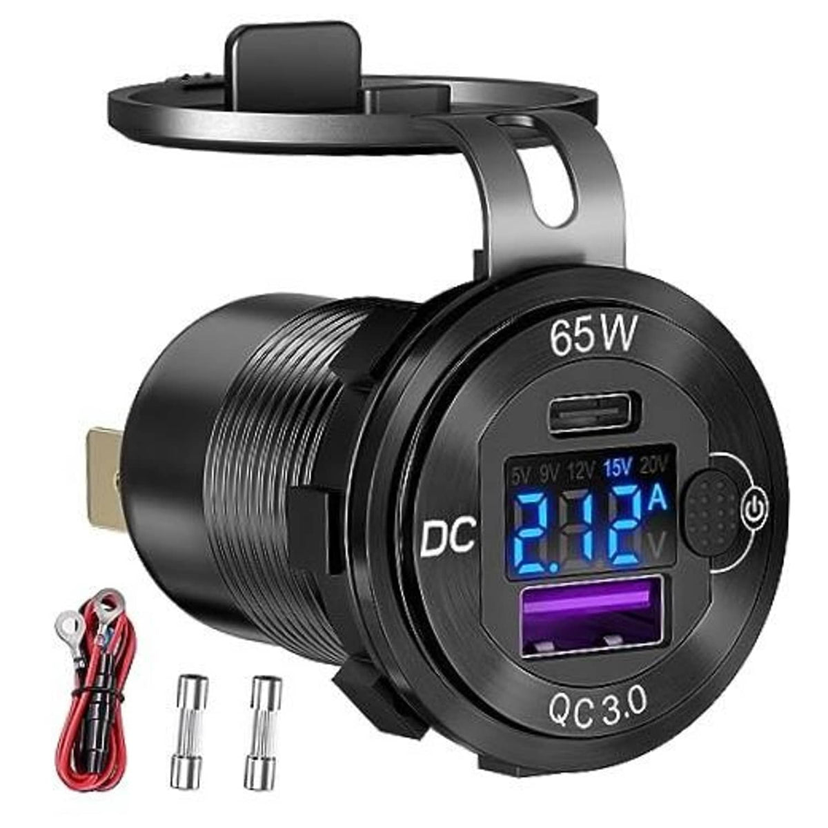 Round 65W car USB charger with blue digital voltmeter display and QC 3.0 port