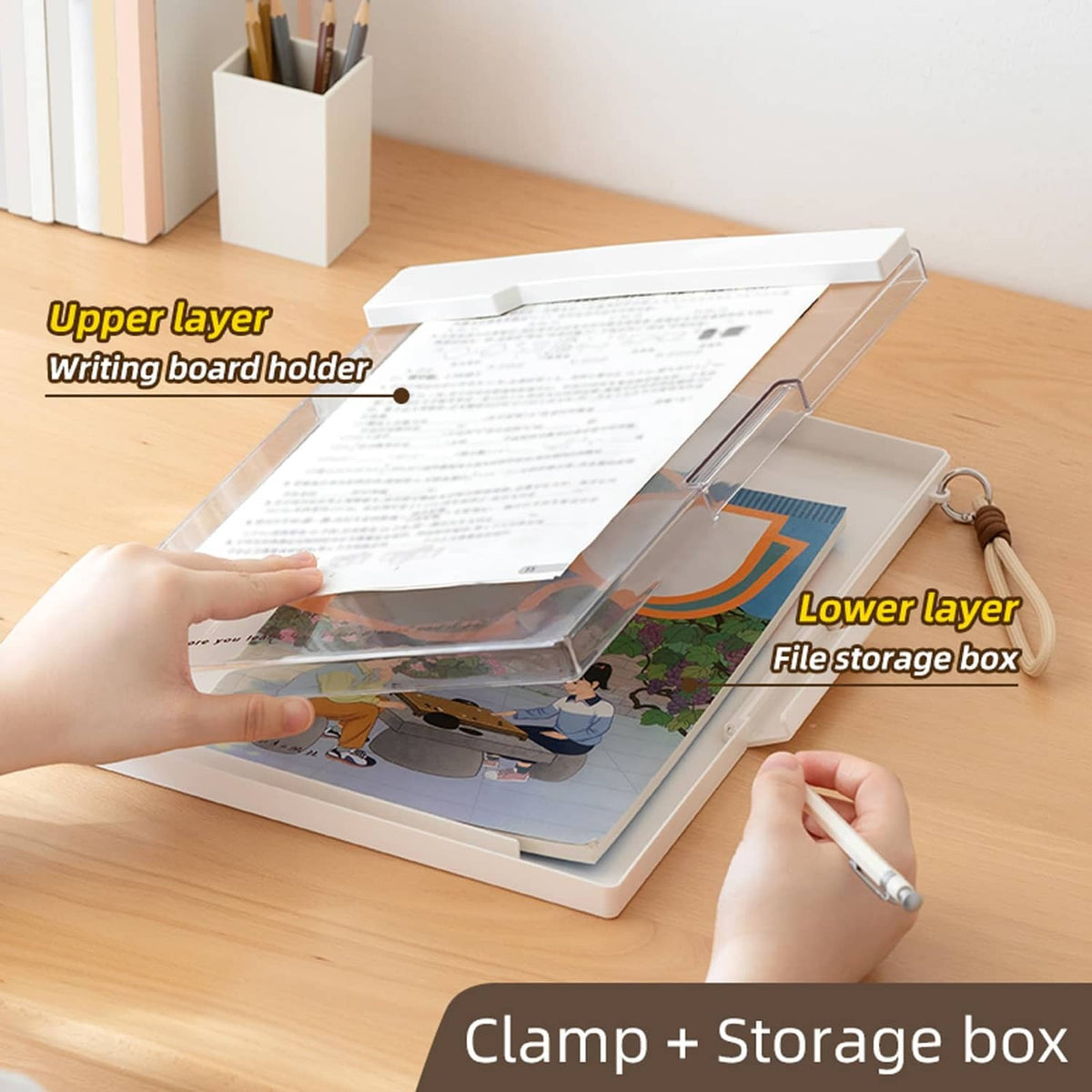 White dual-layer storage clipboard with writing board holder and lower file box