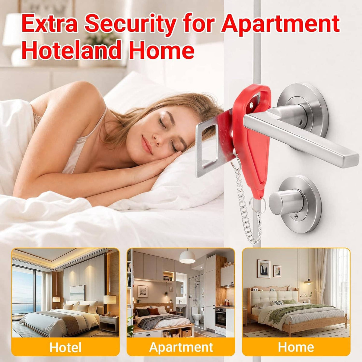 Red door stop alarm attached to door handle with chain and black alarm unit
