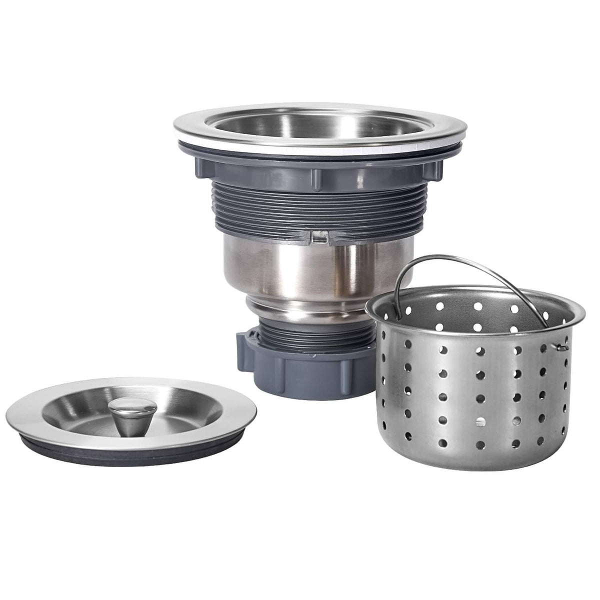Stainless sink drain assembly with removable deep strainer basket and matching cover