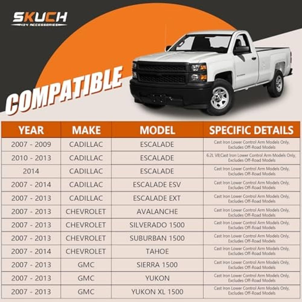 Front suspension kit compatibility graphic with vehicle list and pickup image
