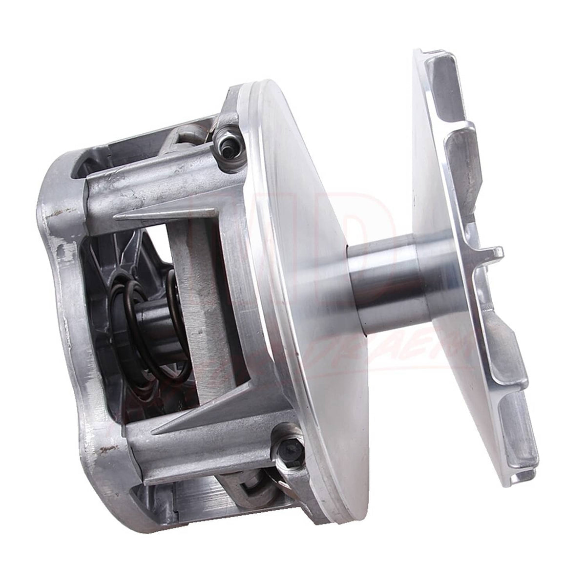 Side view of silver metal drive clutch assembly with visible shaft and housing