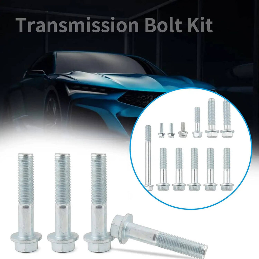 Transmission bolt kit with several bolts and a circular overview of included parts