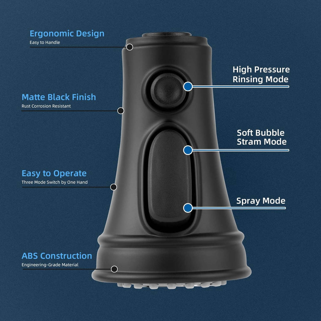 Matte black faucet head replacement with three spray modes and ABS body