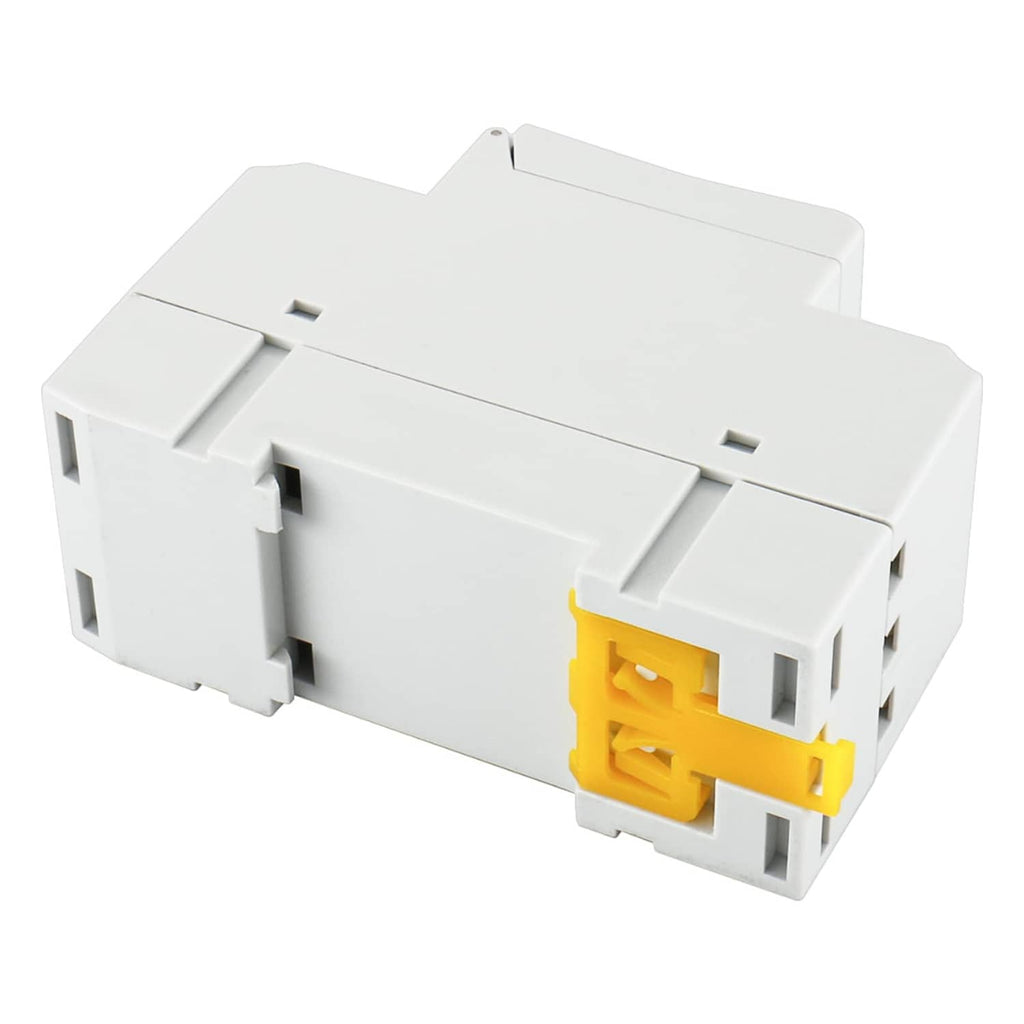 DIN rail timer switch relay rear connector side with yellow and gray terminals, white housing