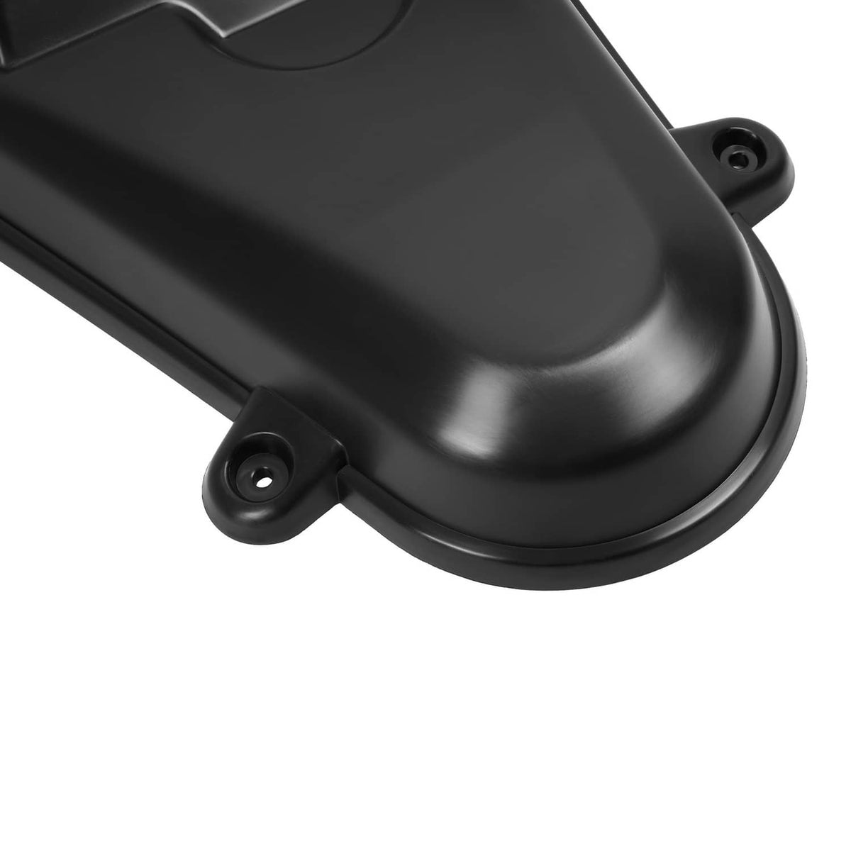 Left-side deck pulley cover, black plastic with mounting feet and curved edge
