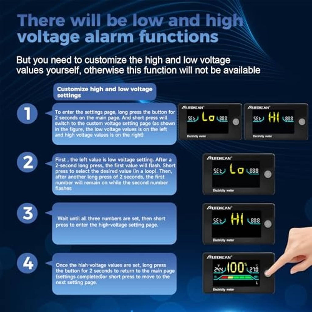 Digital battery monitor electricity meter with LCD display for low and high voltage alarms