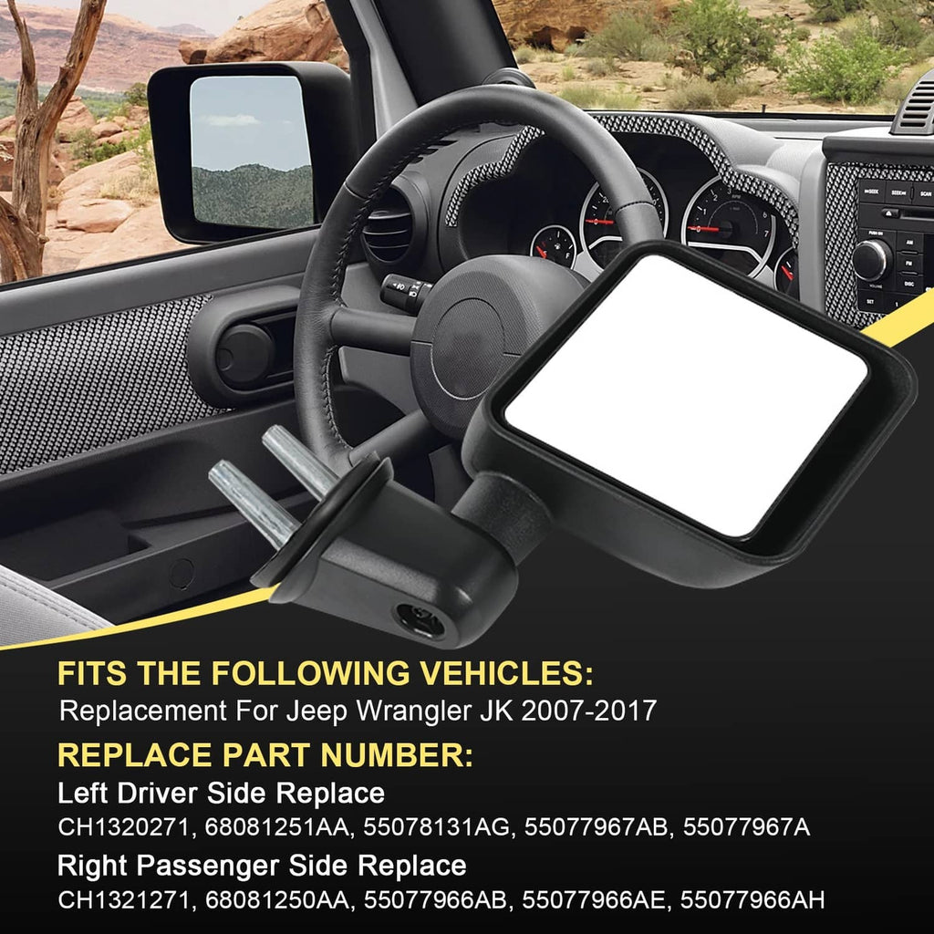 Black manual side mirror with square glass shown from driver-side interior