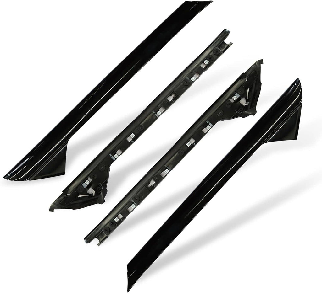 Four-piece A-pillar molding trim set, black with mounting clips and cutouts