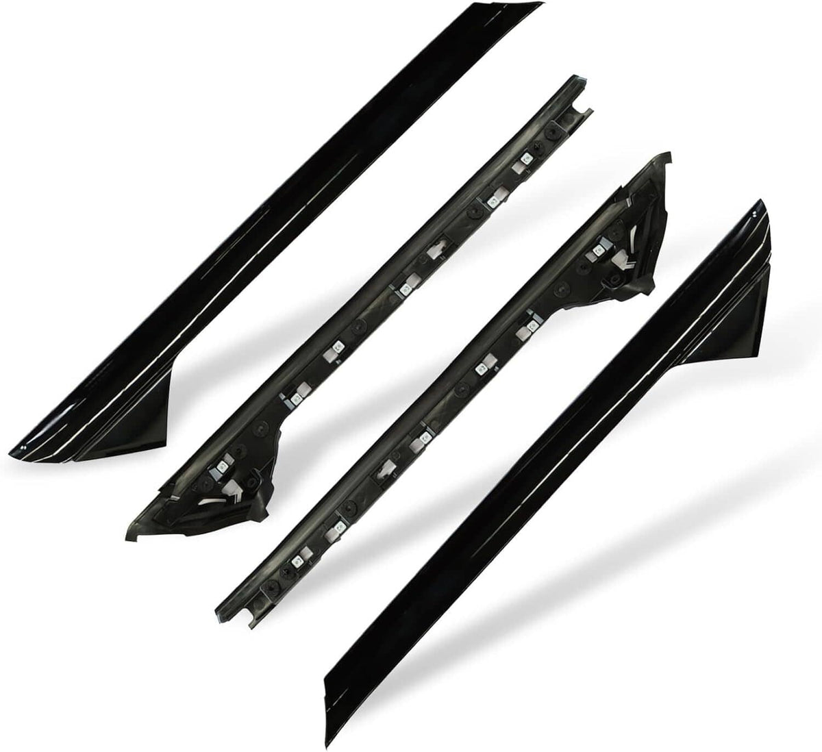Four-piece A-pillar molding trim set, black with mounting clips and cutouts