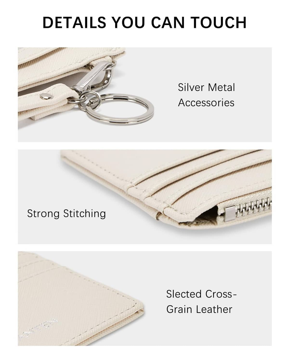 Beige leather wallet details with silver hardware, stitching and folded corner