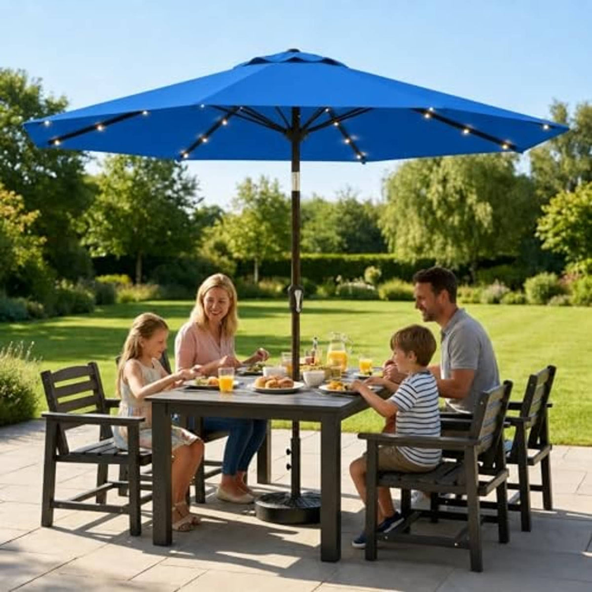 Outdoor patio umbrella with blue canopy and LED string lights, open over table