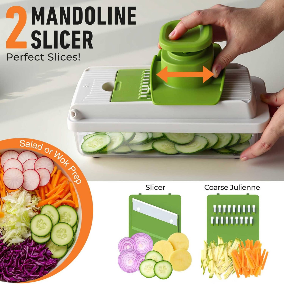 Green Mueller mandoline slicer cutting cucumber slices over clear collection container