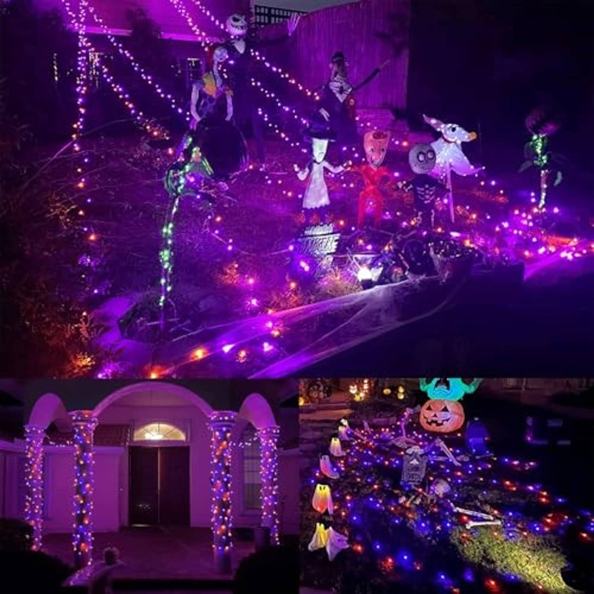 Purple and orange LED string lights wrapped across yard with glowing Halloween decorations.