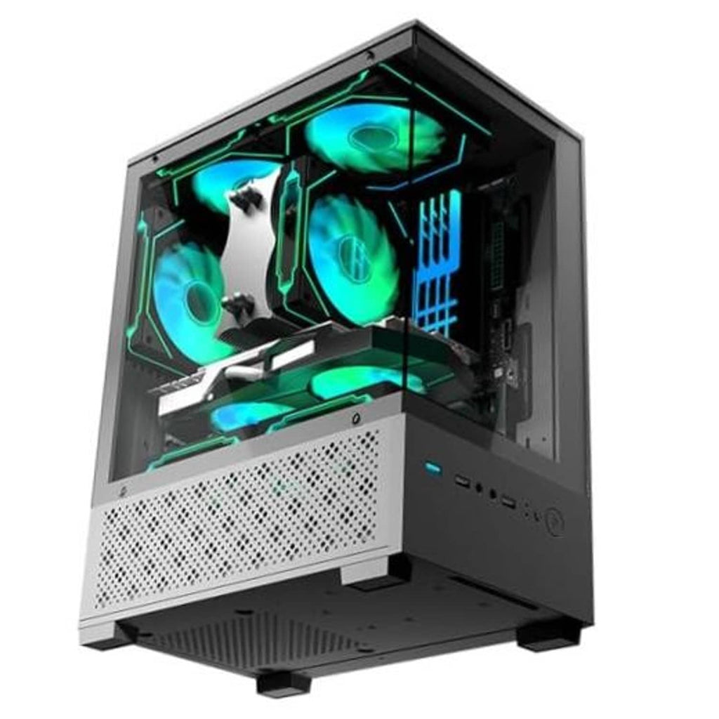 Black micro ATX PC case with tempered-glass side and two ARGB 120mm fans
