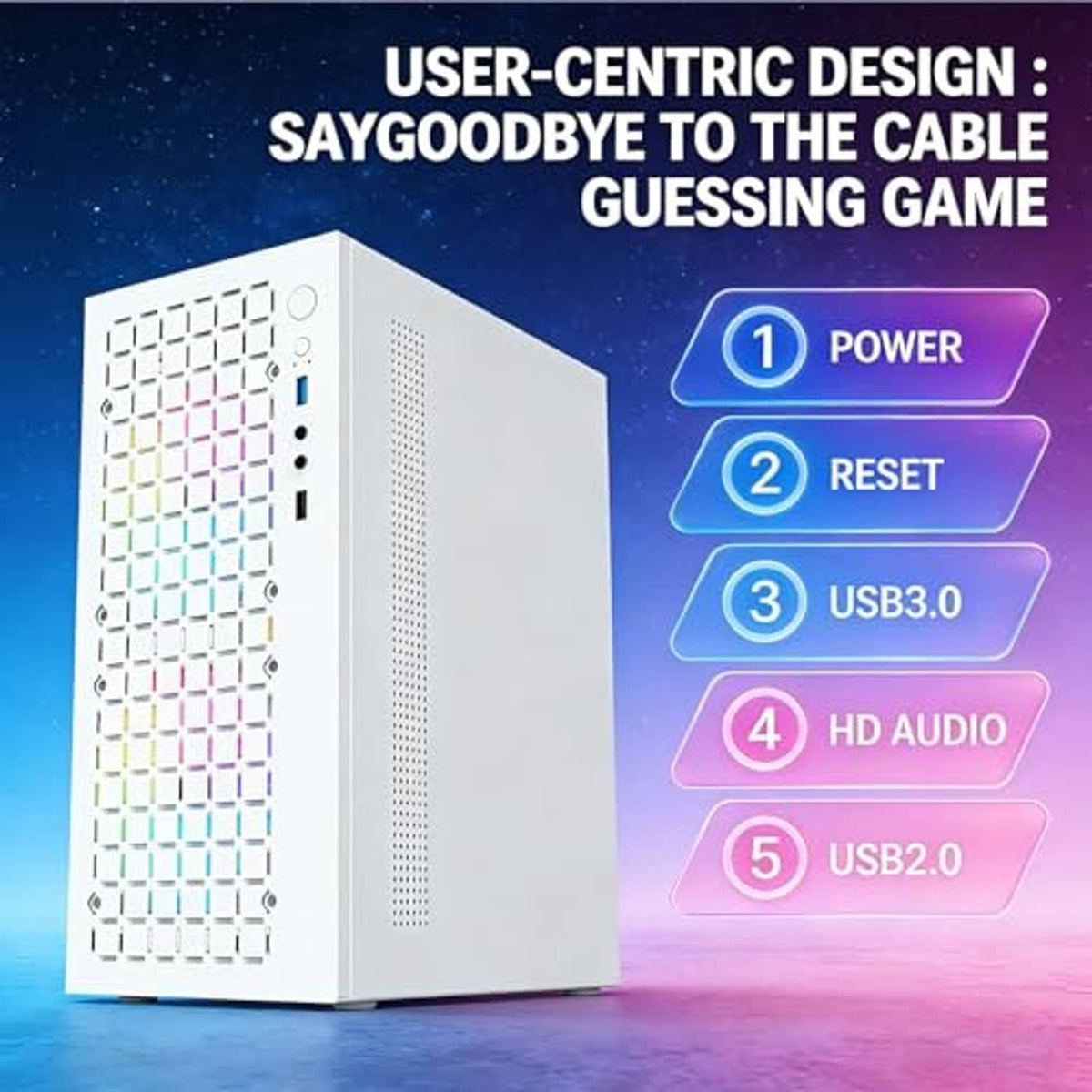 White micro ATX PC case showing front mesh panel and top I/O area