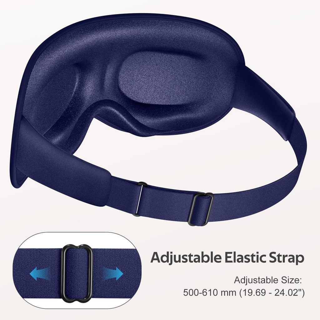 Blue sleep mask with adjustable elastic strap and rounded padded eye opening