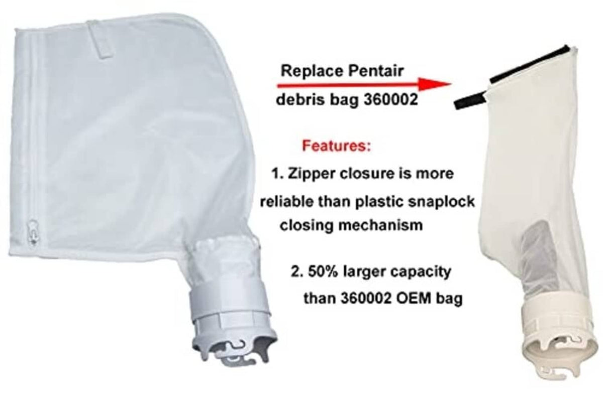 Side view of white fine mesh debris bag with zipper closure and hose connector