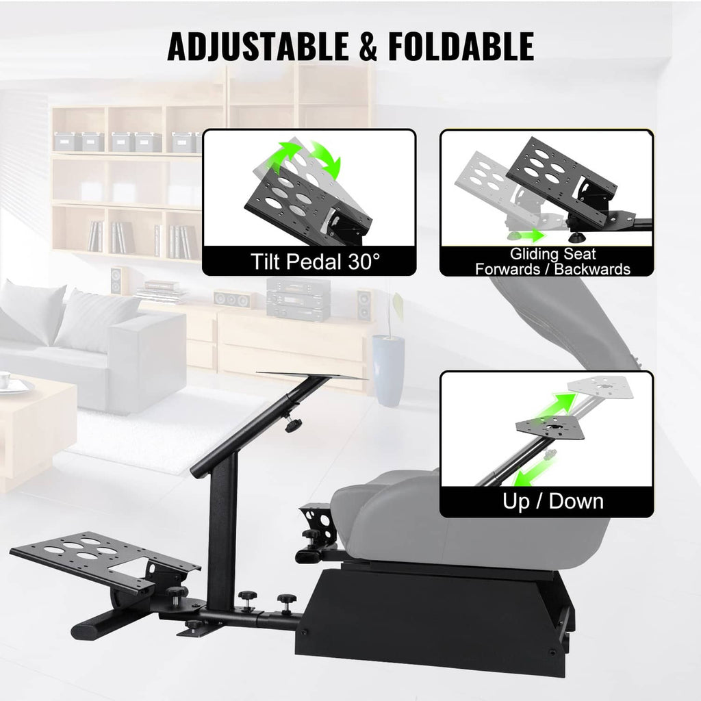 Adjustable racing simulator stand with gray seat, pedal tilt, and foldable design