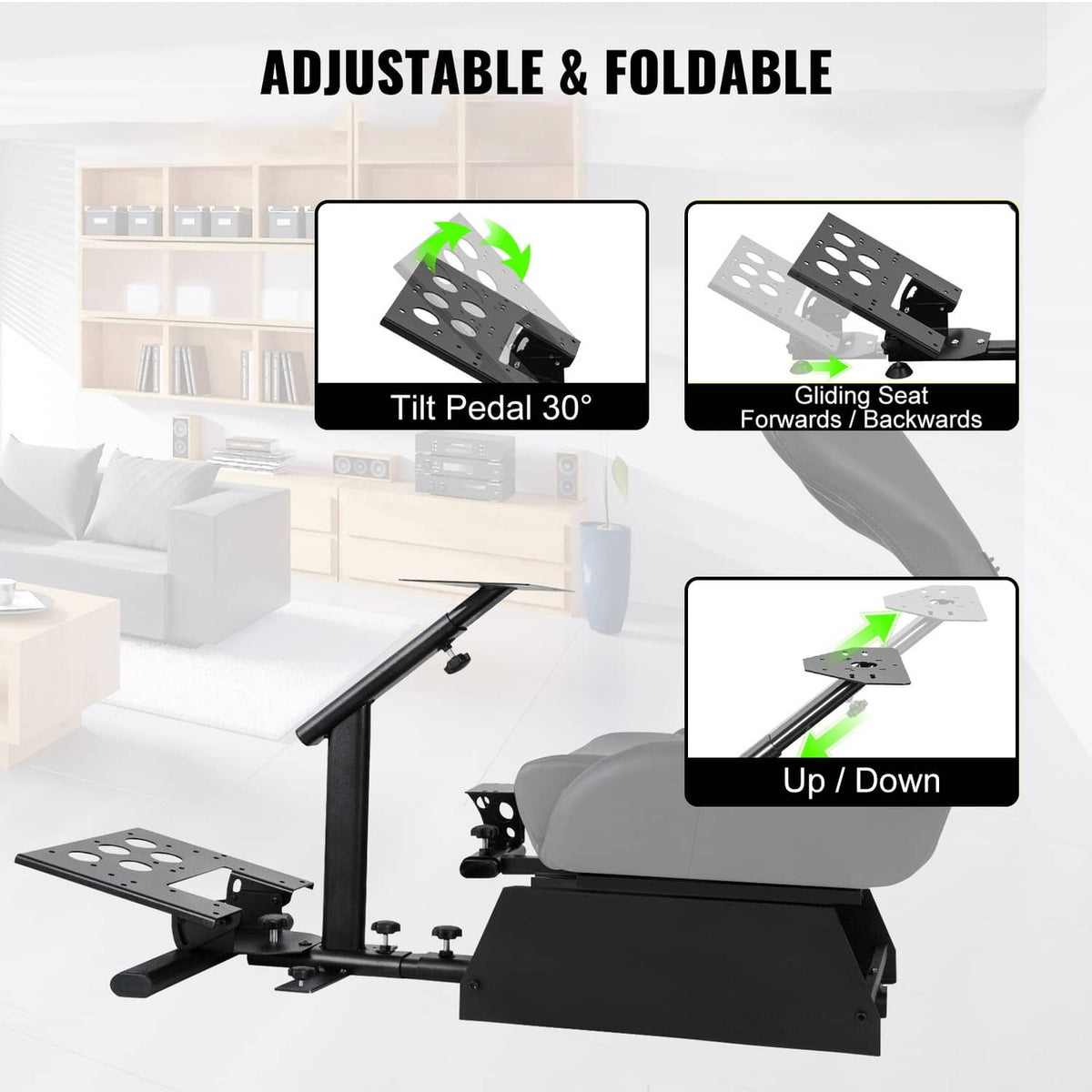 Adjustable racing simulator stand with gray seat, pedal tilt, and foldable design